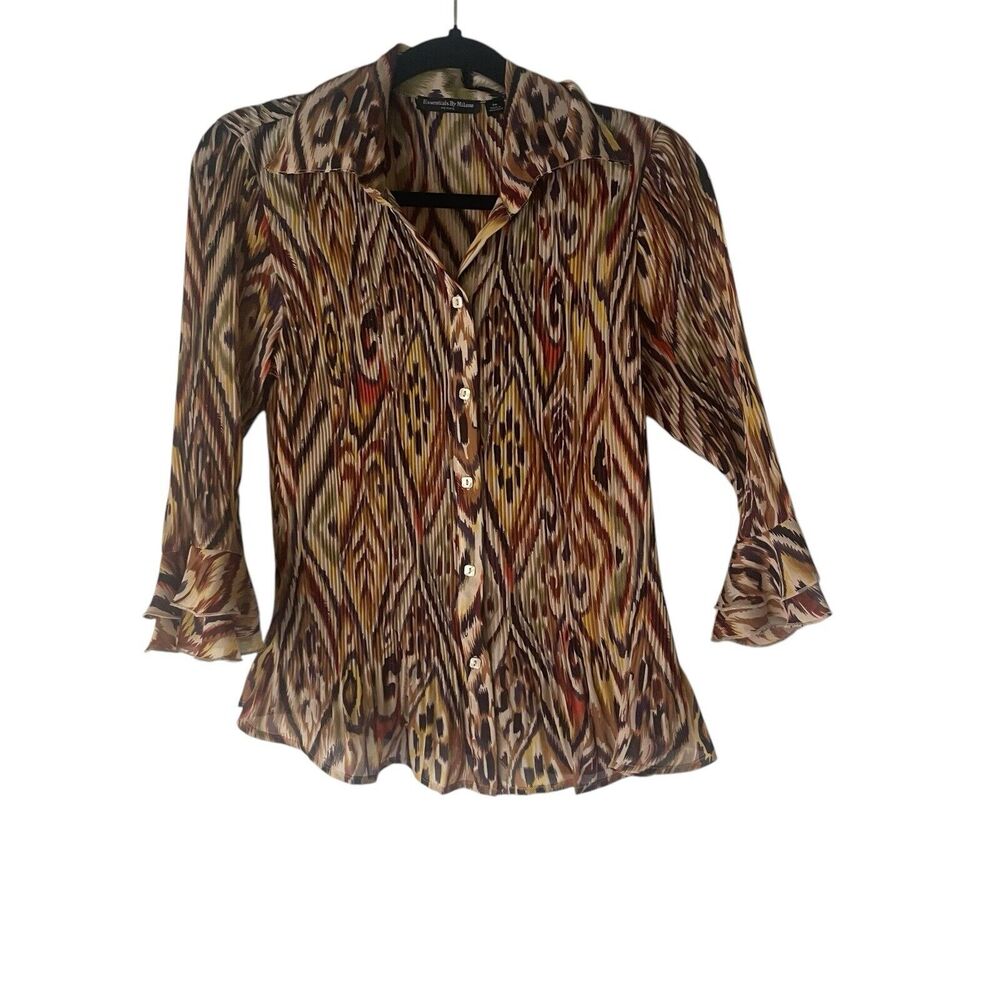 Essentials Milano PM‎ Ikat Retro Trippy Hippie Long Sleeve Flutter Button Blouse